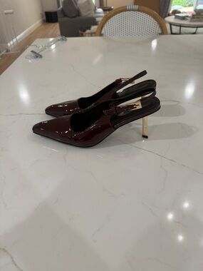 Patent Leather Pointed Slingback Pumps in Deep Wine